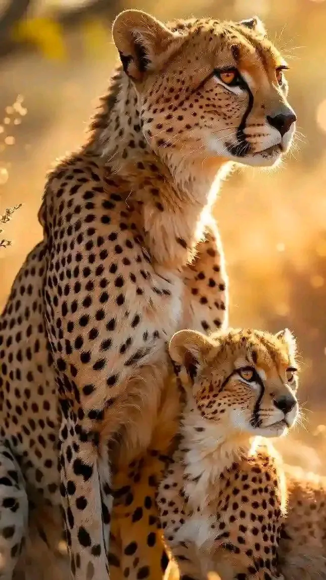 Cheetah mother sitting beside her cub in golden light